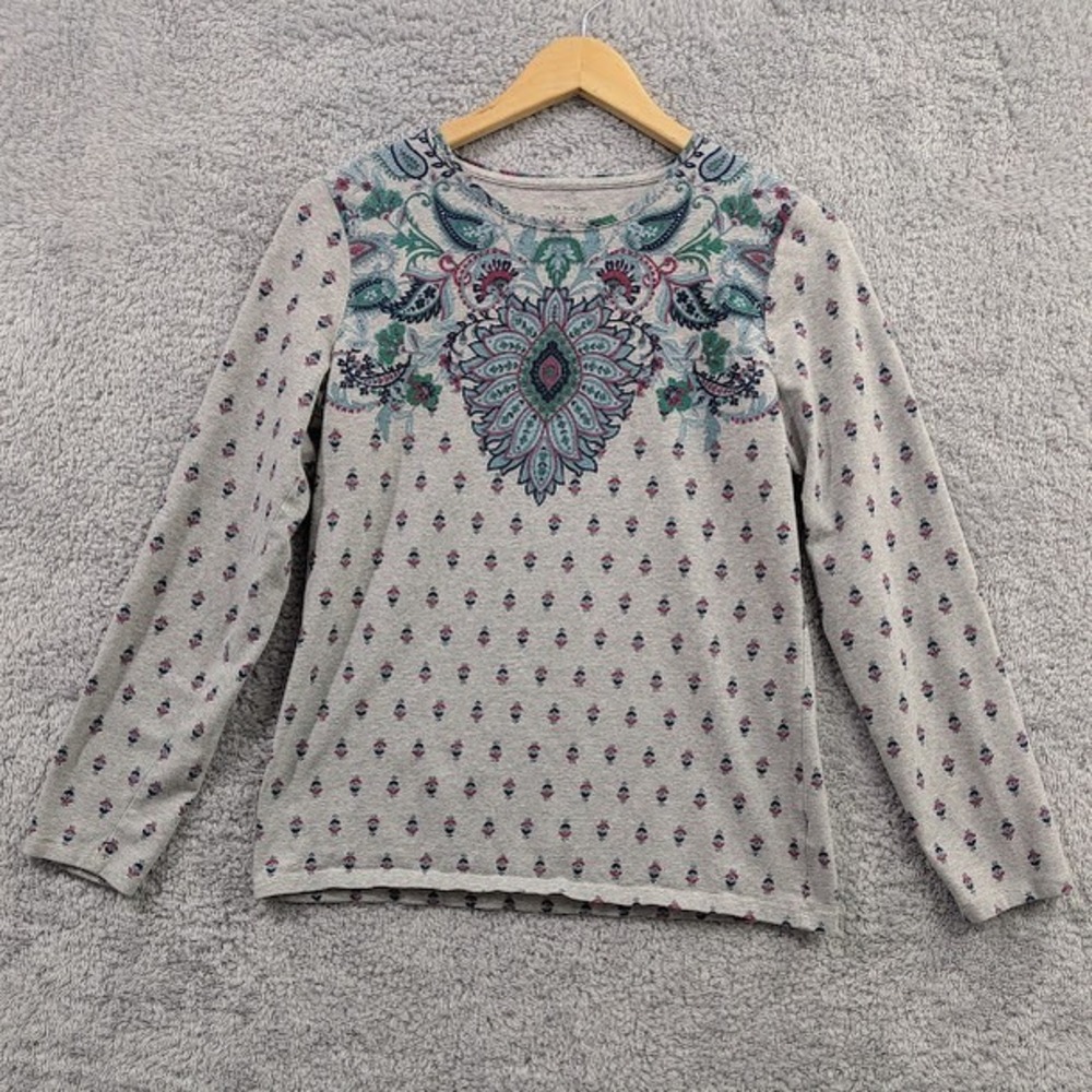 Talbots Tee Top Women's Medium‎ Gray Paisley Medallion Long Sleeve Floral Cotton